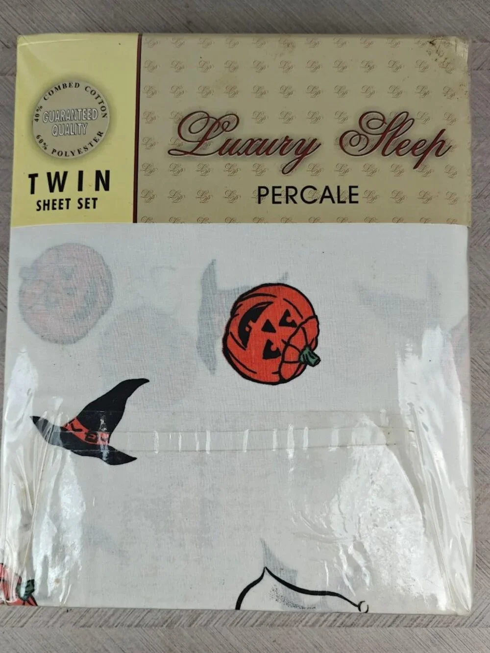 NEW Sealed Luxury Sleep Percale Twin Sheet Set Halloween Print Theme 40% Cotton